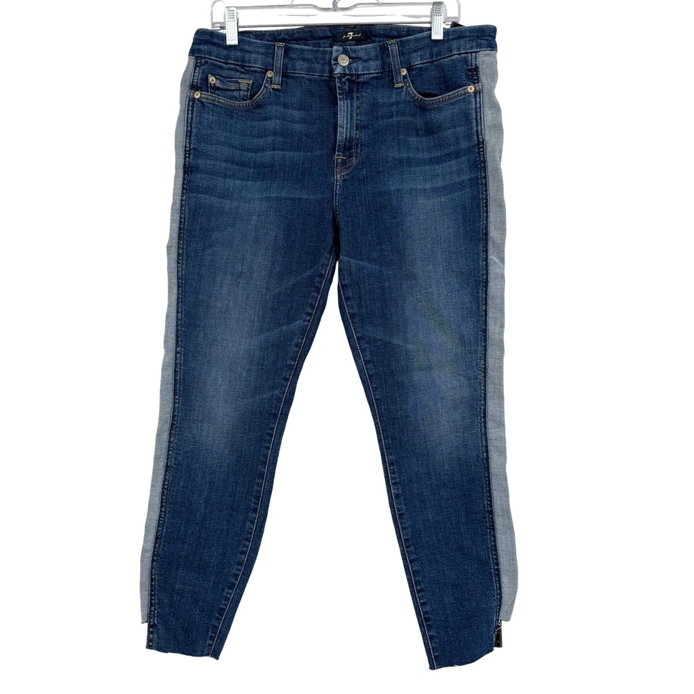 7 For All Mankind Two Tone Side Stripe Skinny Ankle Jeans‎ Blue Women Size 32